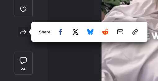 A screenshot of a social media post interface showing a 'Share' button with icons for Facebook, X, a blue butterfly (likely…