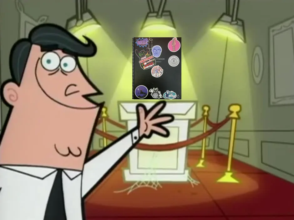 A cartoon man in a white shirt and black tie stands in a spotlighted room with red carpet and velvet ropes, gesturing…
