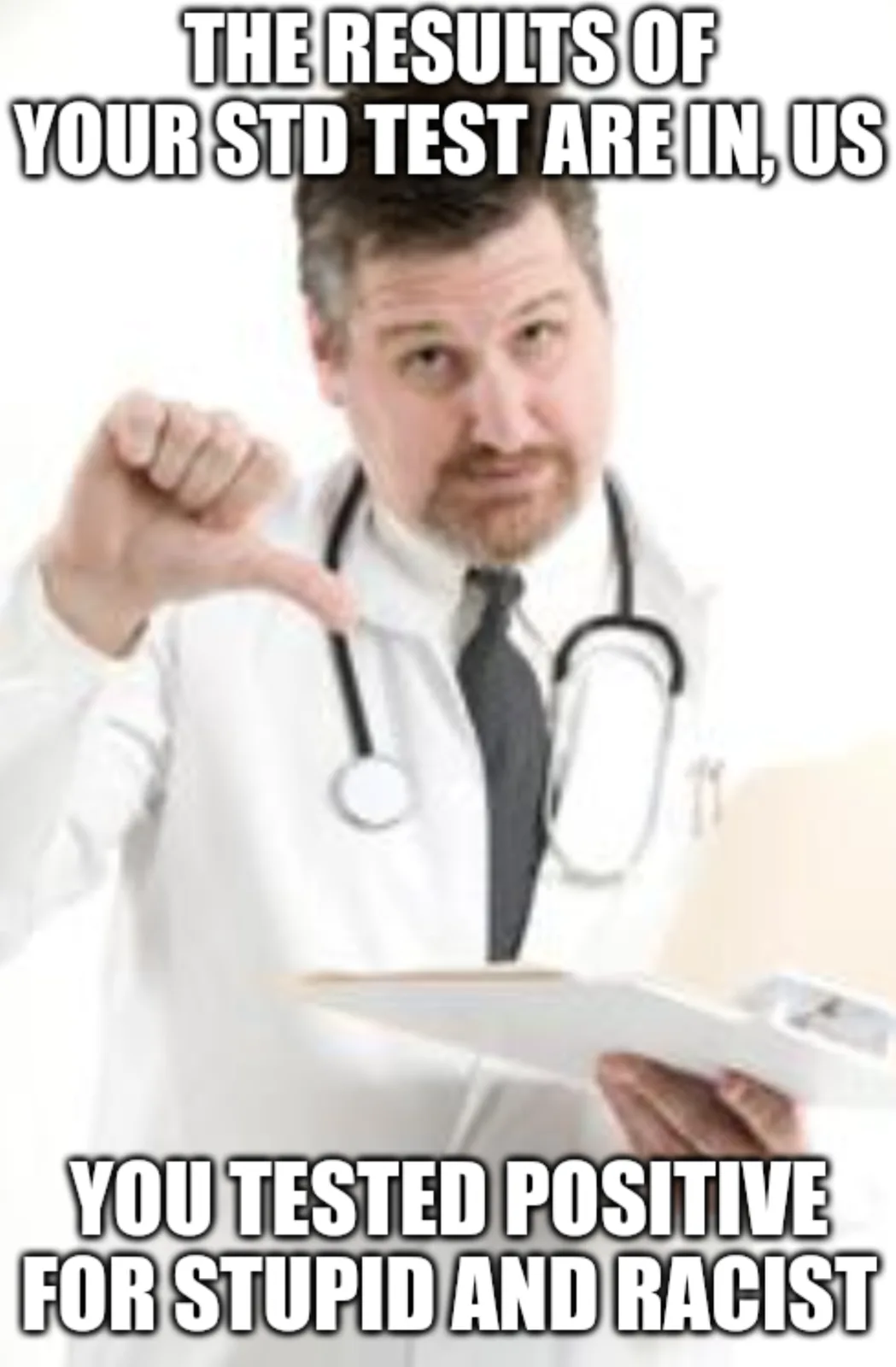 A man in a white doctor's coat with a stethoscope around his neck holds a clipboard and makes a downward thumb gesture. The…