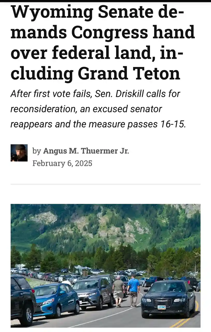 A screenshot of a fake news article with a headline about the Wyoming Senate demanding federal land, including Grand Teton…