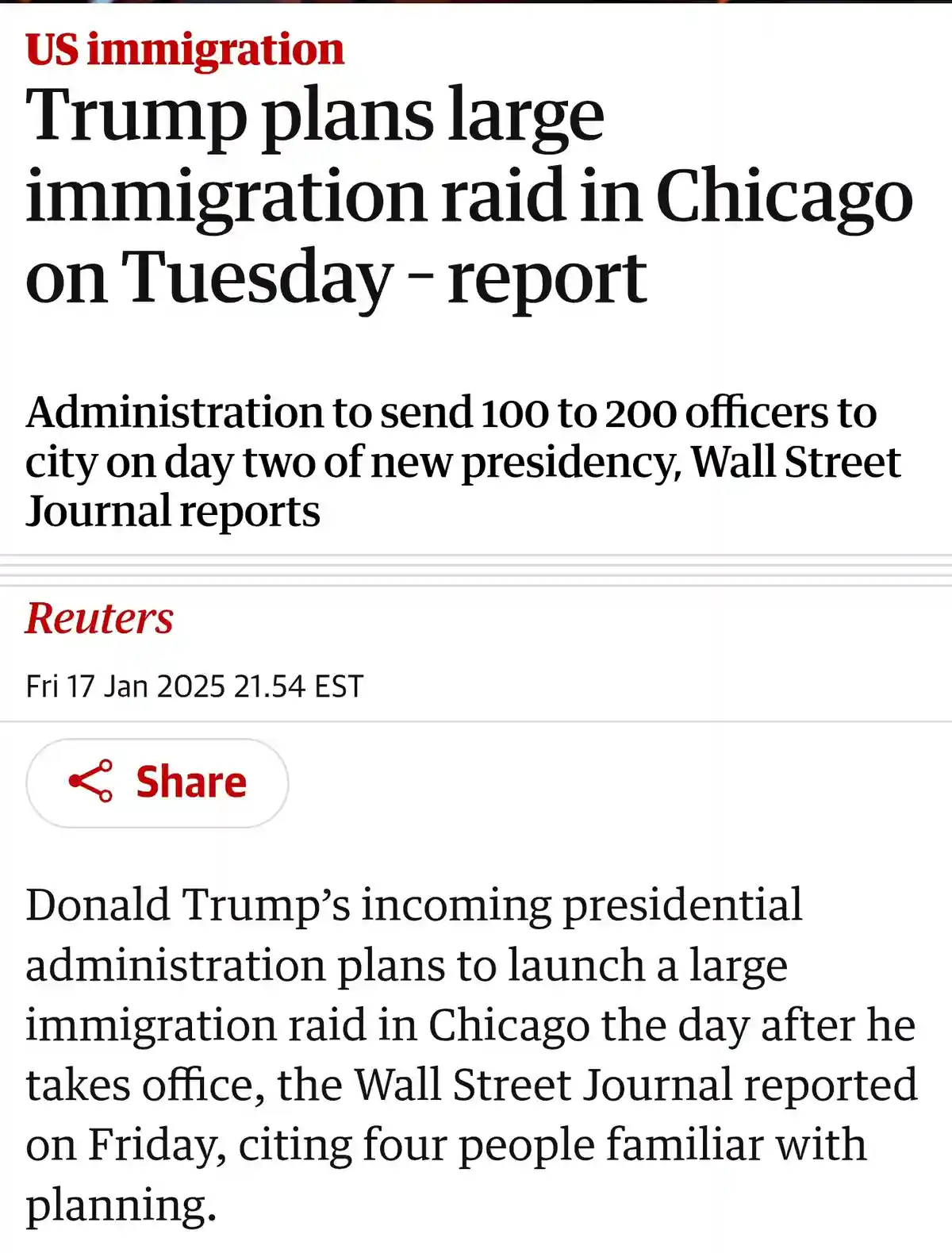 A screenshot of a fake news article from Reuters dated Jan 17, 2025, falsely reporting that Donald Trump's incoming…