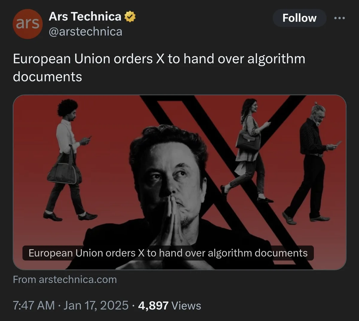 A black-and-white image shows Elon Musk with his hands clasped in prayer, set against a red background with a large black…