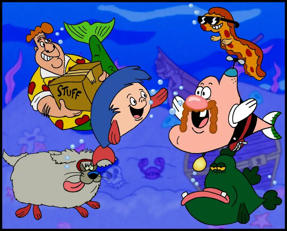 A cartoon underwater scene featuring multiple characters: a man with a mermaid tail holding a cardboard box labeled 'STUFF'…
