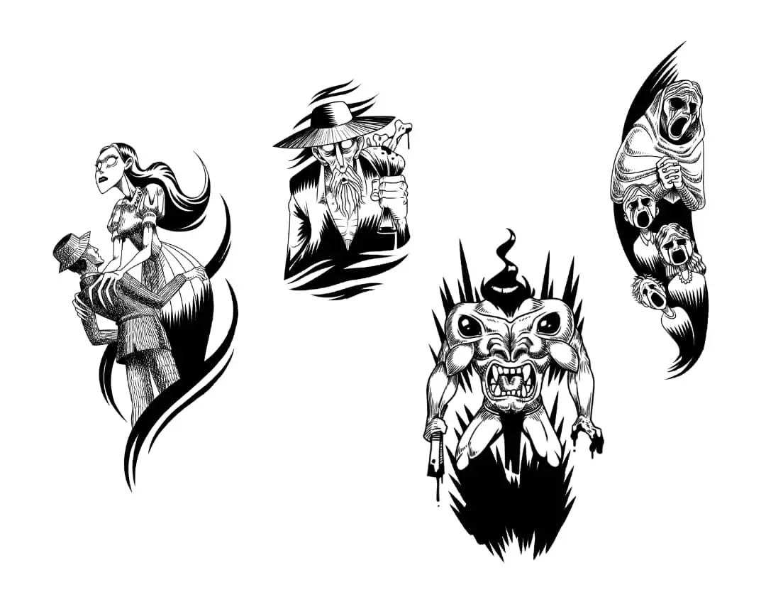 A black-and-white illustration displays four distinct tattoo-style designs: a woman holding a man in a dramatic pose, a…