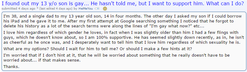A screenshot of a Reddit post with a blue background and white text, showing a user asking for advice on how to support…