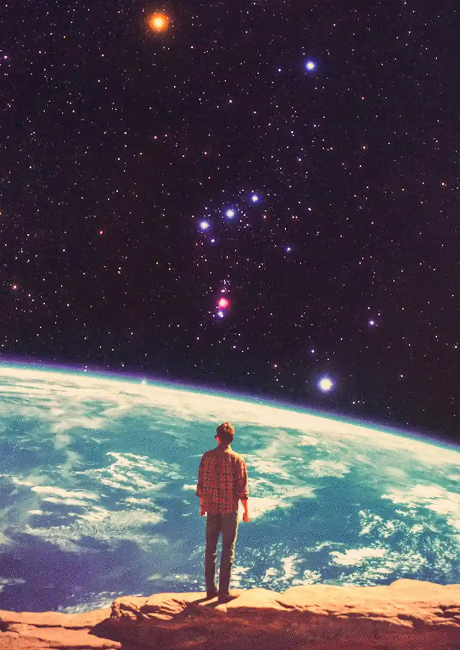A person in a plaid shirt stands on a rocky outcrop, gazing at a curved, blue Earth below and a star-filled, colorful night…