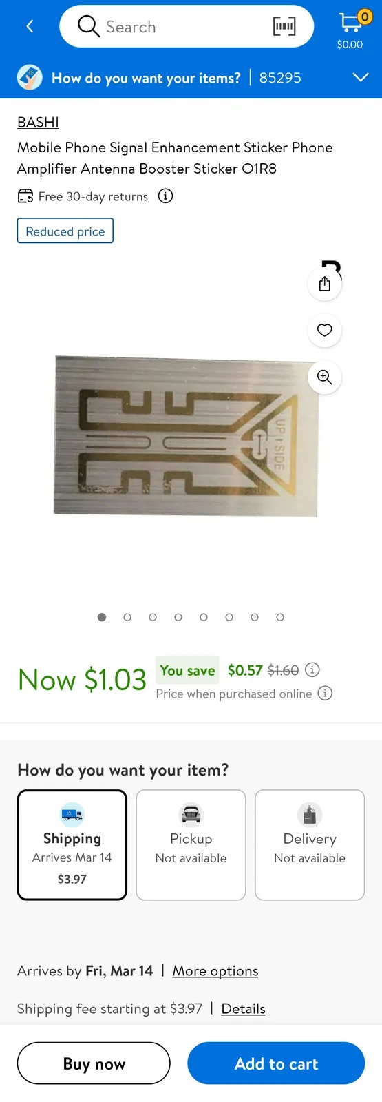 A screenshot of a Walmart product page for a 'Mobile Phone Signal Enhancement Sticker' priced at $1.03, showing a small…