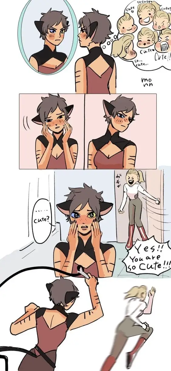 A four-panel comic shows a grey-haired, cat-eared character looking at themselves in a mirror, then reacting with…