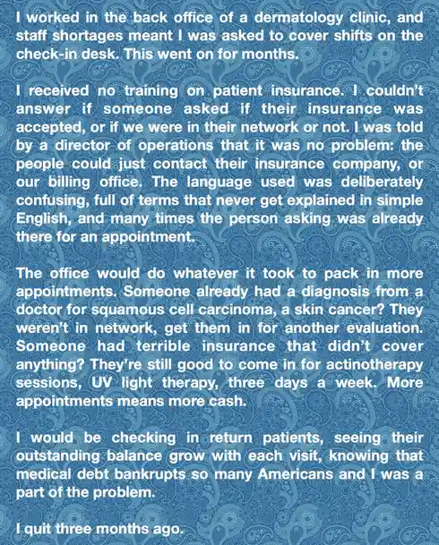 A blue paisley-patterned background with white text detailing a person's experience working in a dermatology clinic's back…