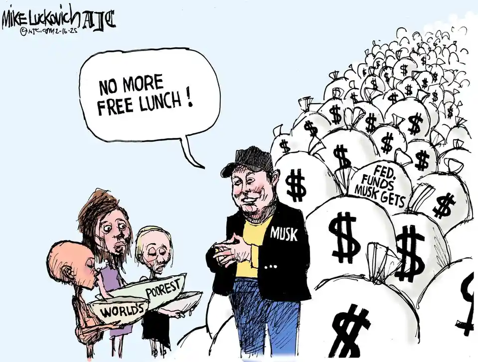 A cartoon depicts a caricature of Elon Musk, wearing a jacket labeled 'MUSK', standing before a large pile of money bags…