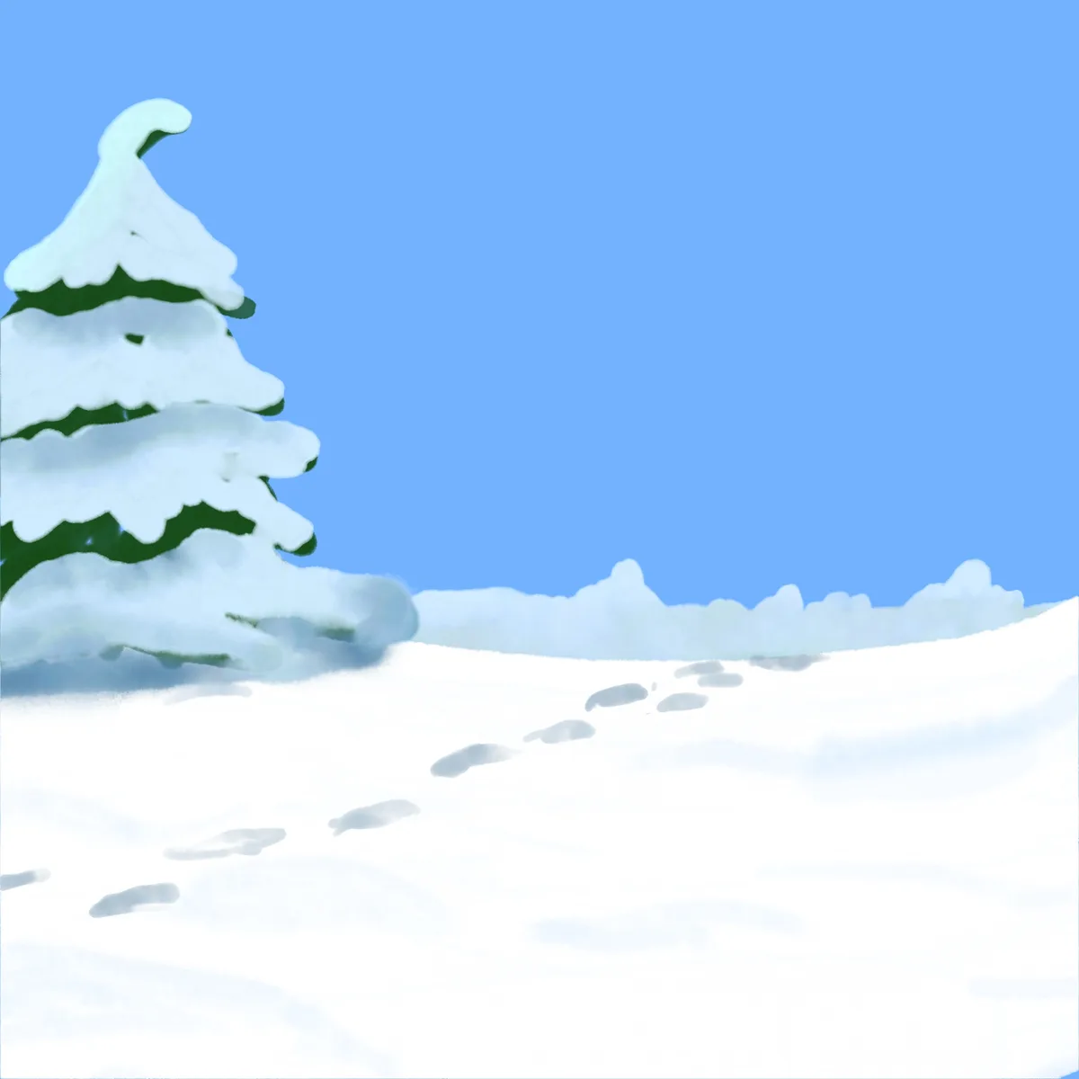 A cartoon-style snowy landscape shows a snow-covered evergreen tree on the left and a trail of footprints leading away into…