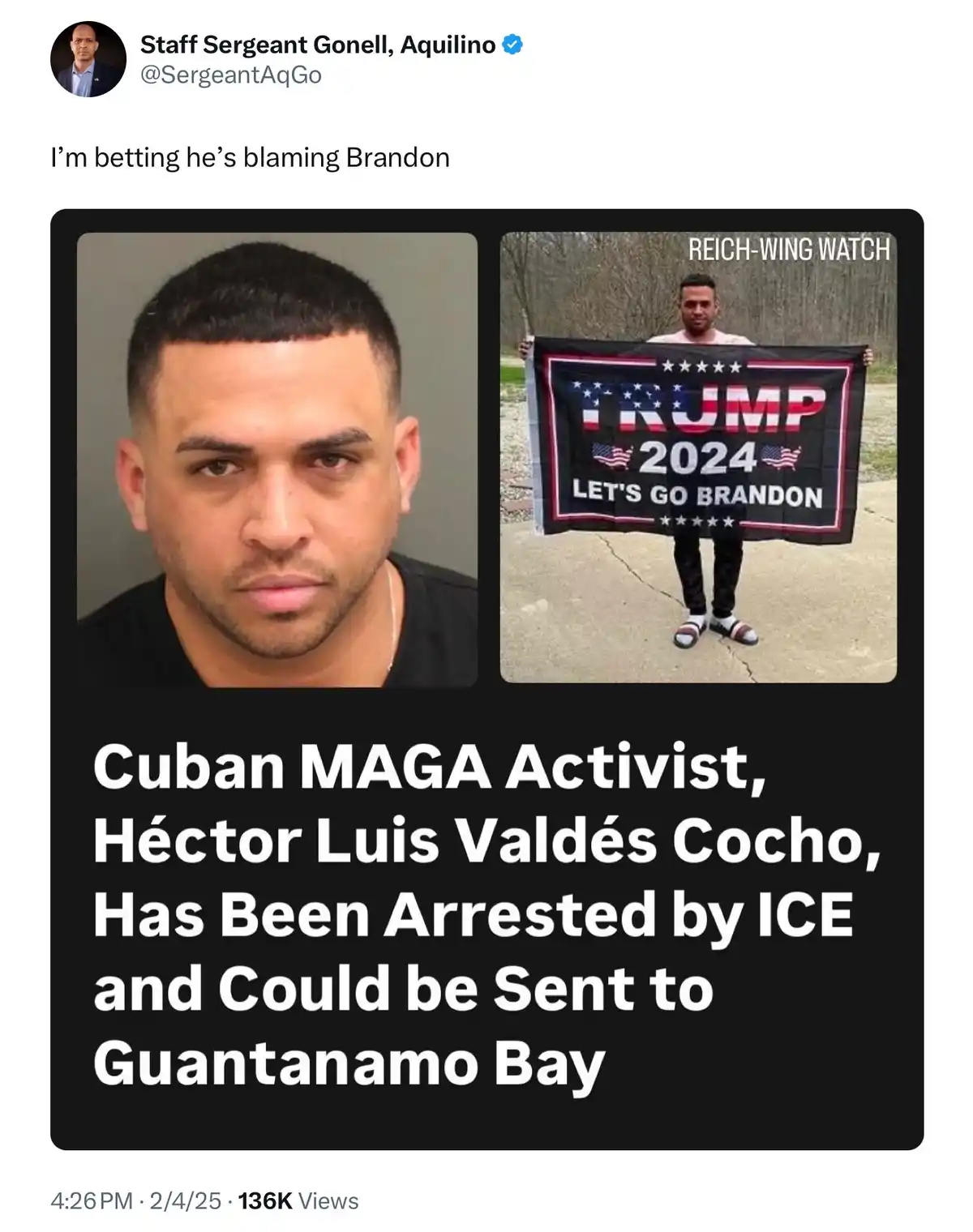The image displays a split-screen: on the left, a mugshot of a man with a serious expression; on the right, the same man…
