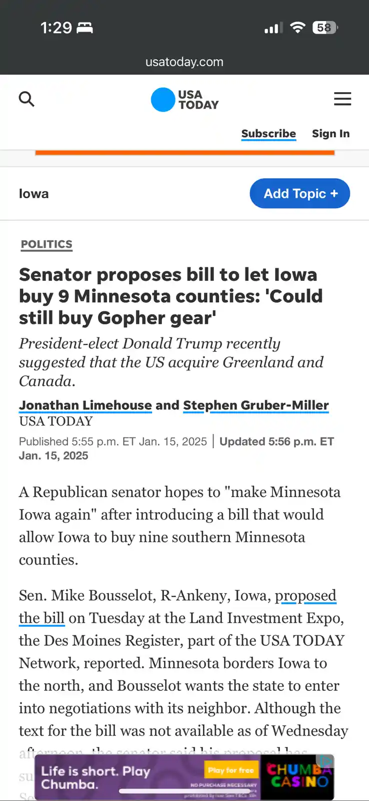 A screenshot of a USA TODAY news article from January 15, 2025, about a Republican senator proposing a bill to let Iowa buy…