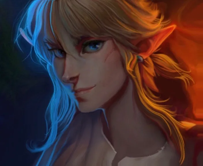 A digital painting of a female elf with pointed ears, half her hair illuminated in blue light and the other half in orange…