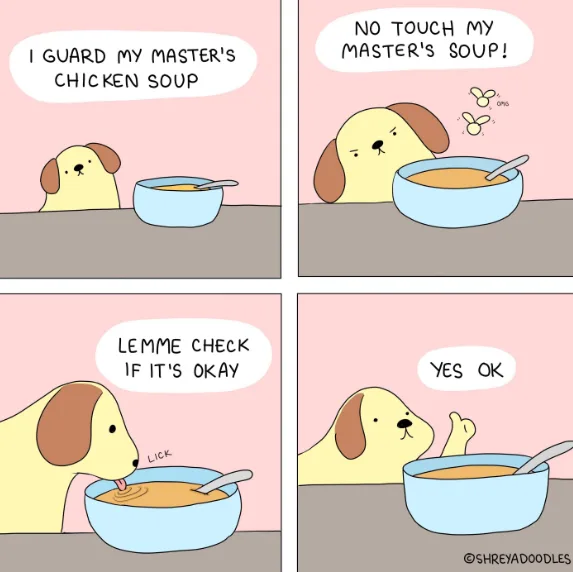 A four-panel comic strip featuring a yellow cartoon dog with brown ears. In the first panel, the dog sits beside a bowl of…