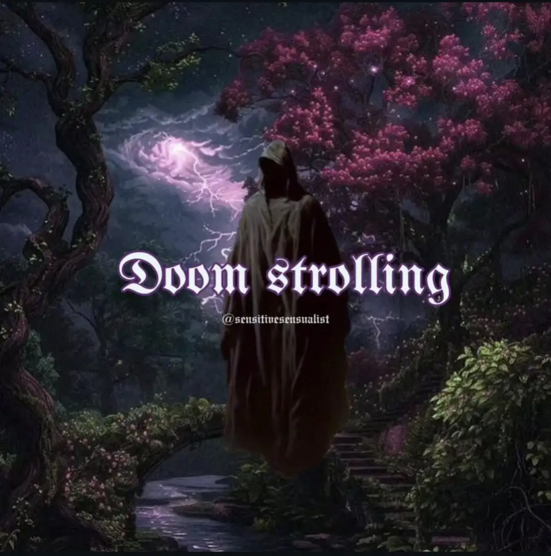 A dark, hooded figure in a long robe walks down a stone path through a mystical forest at night, with pink blossoming trees…