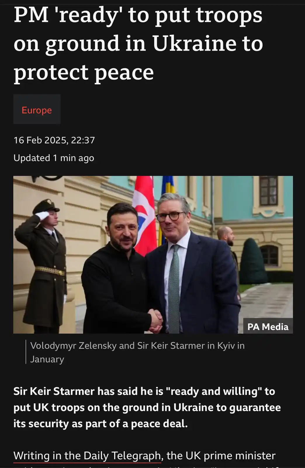 A screenshot of a news article shows Ukrainian President Volodymyr Zelenskyy and UK Prime Minister Sir Keir Starmer shaking…