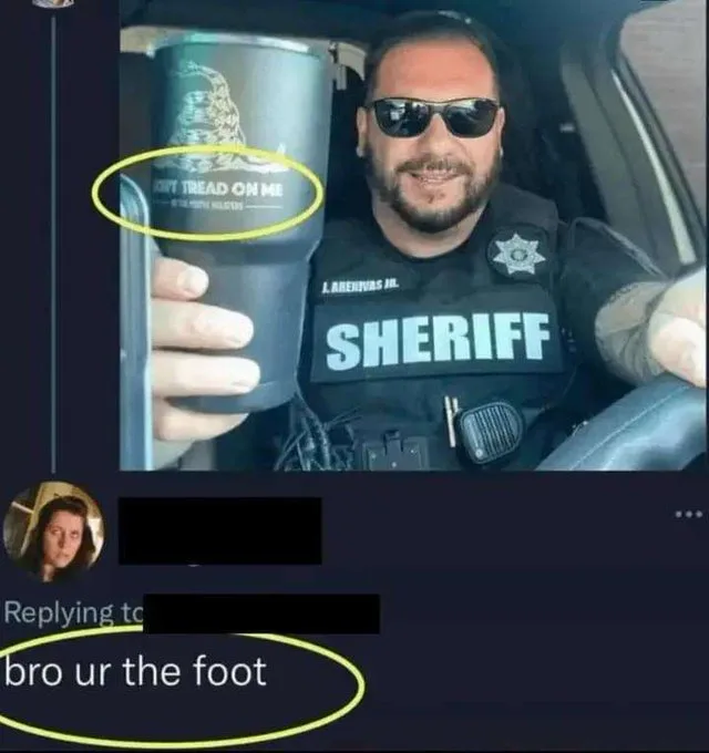 A smiling sheriff in uniform holds up a black tumbler with 'DON'T TREAD ON ME' text circled in yellow. Below, a social media…