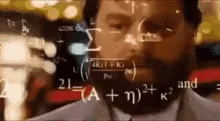 A sequence of six close-up frames shows a man's face, progressively zooming in on his eyes, with complex mathematical…