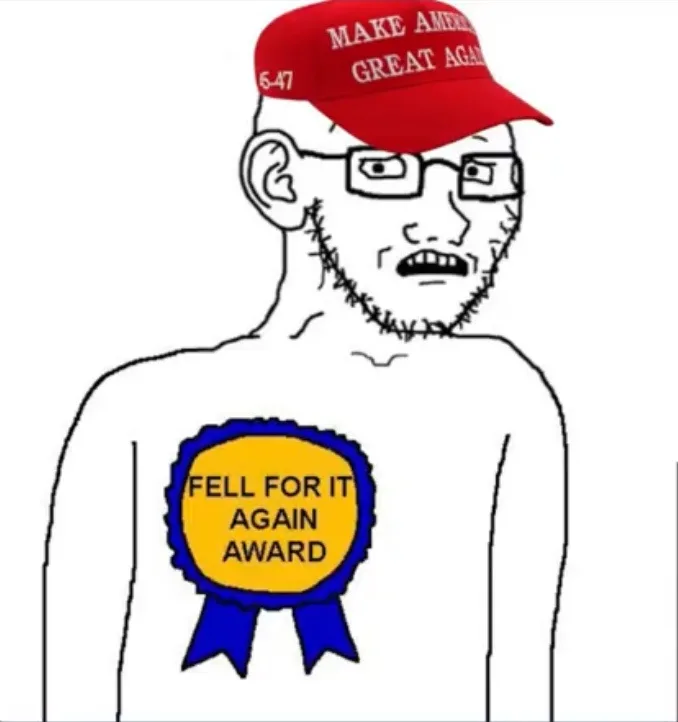 A crudely drawn, shirtless man with glasses and a beard wears a red 'MAKE AMERICA GREAT AGAIN' cap and has a yellow rosette…