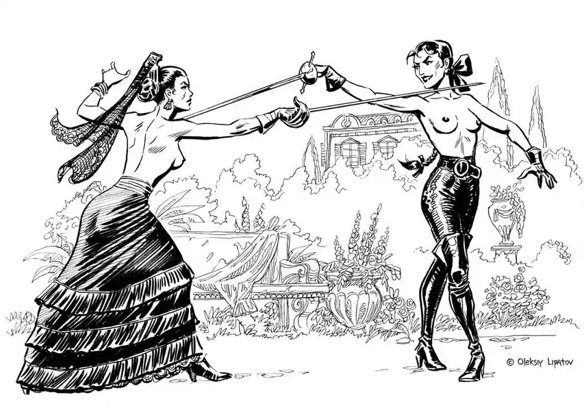 A black-and-white line drawing shows two women in a garden engaged in a fencing duel with swords. The woman on the left…