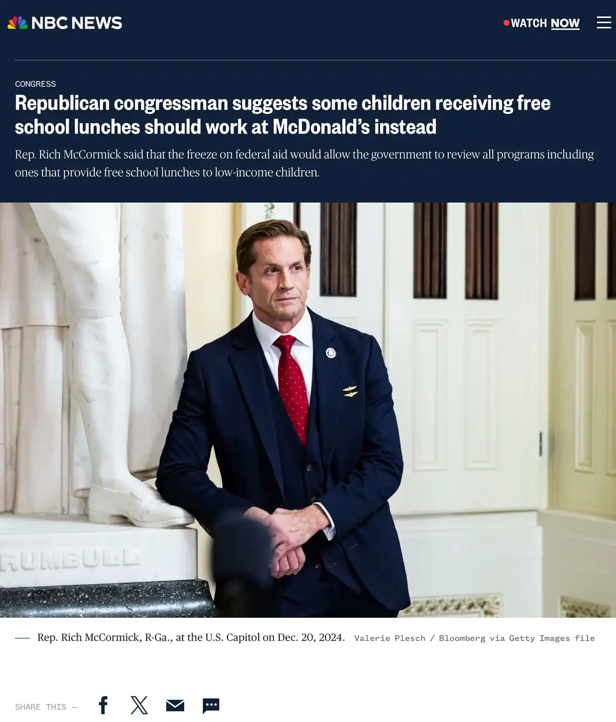 A screenshot of an NBC News article shows a photo of Rep. Rich McCormick in a dark suit and red tie, standing beside a…