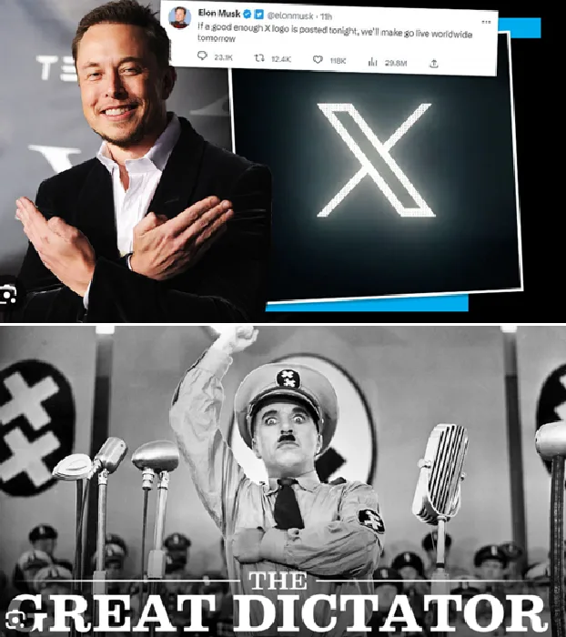 The image is a two-panel meme. The top panel shows Elon Musk smiling and clapping in front of a screen displaying the X…