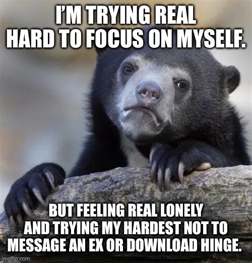 A black bear with a sad, pensive expression rests its paws on a log. White bold text overlaid on the image reads: 'I'M…