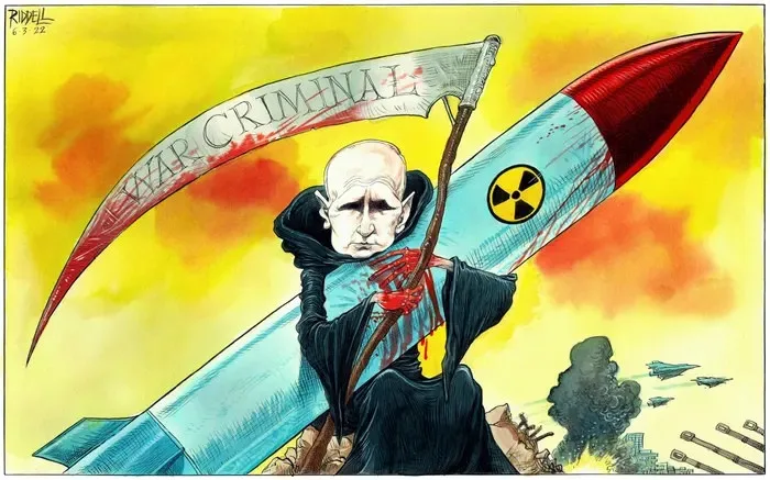 A cartoon depicts a bald man in a black robe holding a scythe with 'WAR CRIMINAL' written on its blade. The scythe's handle…