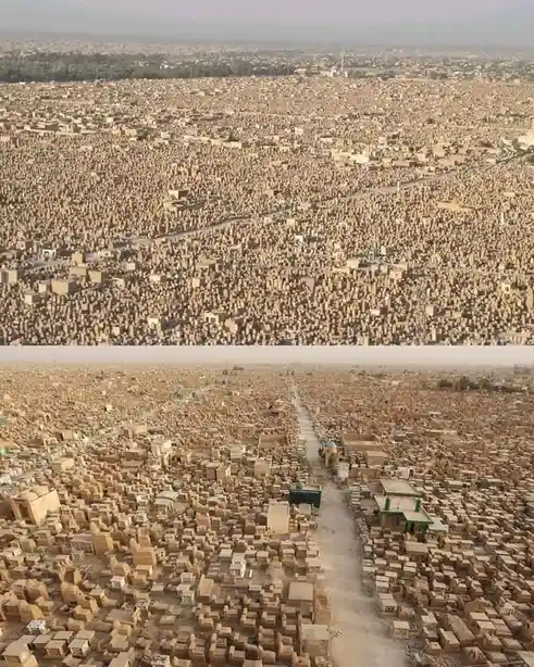 The image shows two aerial views of a densely packed urban area composed almost entirely of countless small, uniform, beige…