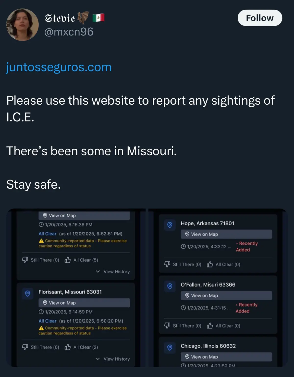 A screenshot of a social media post from a user named Stevie, which includes a link to a website and text instructing users…