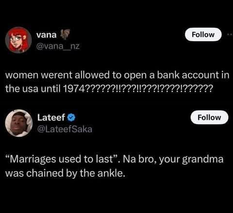 A screenshot of a Twitter thread shows user 'vana' expressing shock that women couldn't open bank accounts in the USA until…