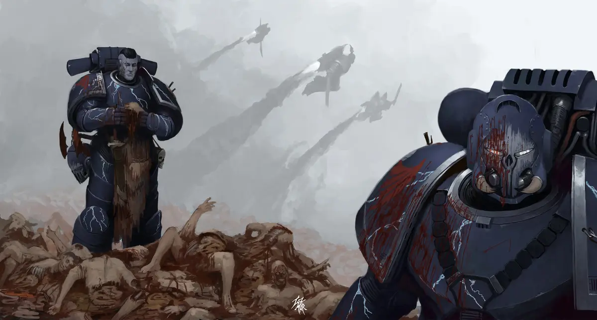 Two heavily armored, blood-splattered space marines stand amidst a battlefield littered with corpses. One marine on the left…
