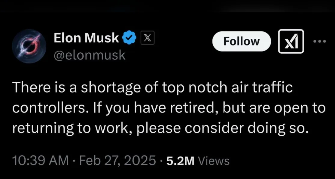 A screenshot of a tweet from Elon Musk's verified X account, which reads: 'There is a shortage of top notch air traffic…