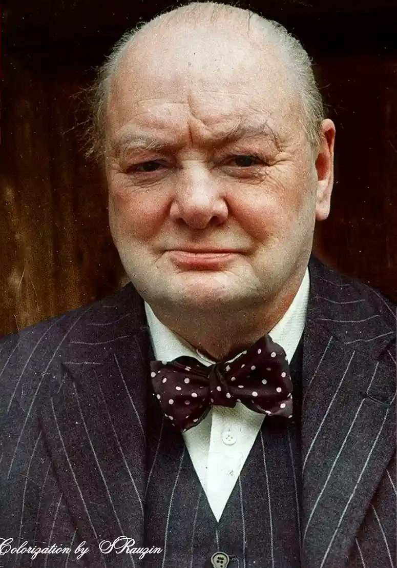 A colorized historical portrait of Winston Churchill, showing him with a stern expression, wearing a dark pinstripe suit…