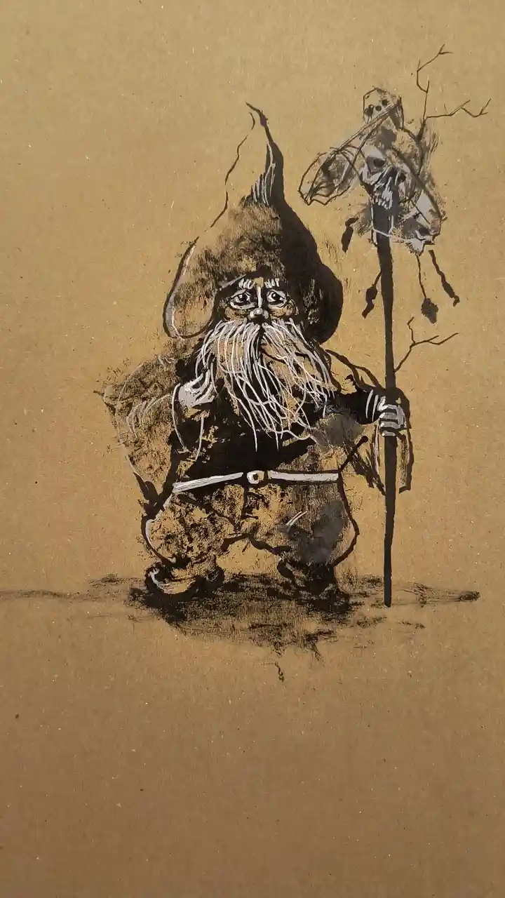 A hand-drawn illustration depicts a garden gnome with a long white beard and pointed hat, holding a staff topped with a…