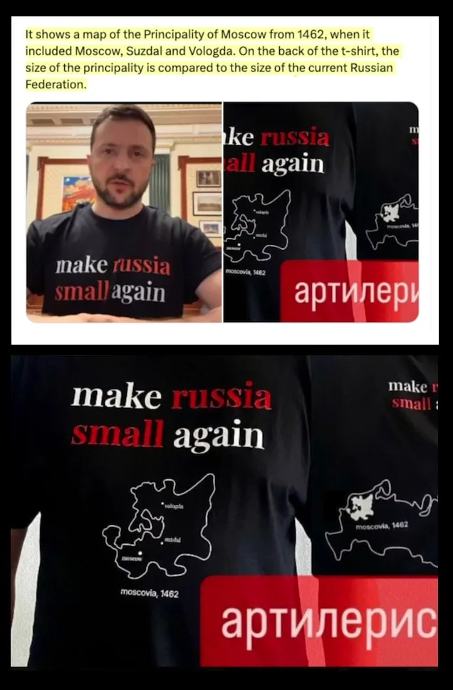 A man wearing a black t-shirt with the text 'make russia small again' and a map of the Principality of Moscow from 1462. The…