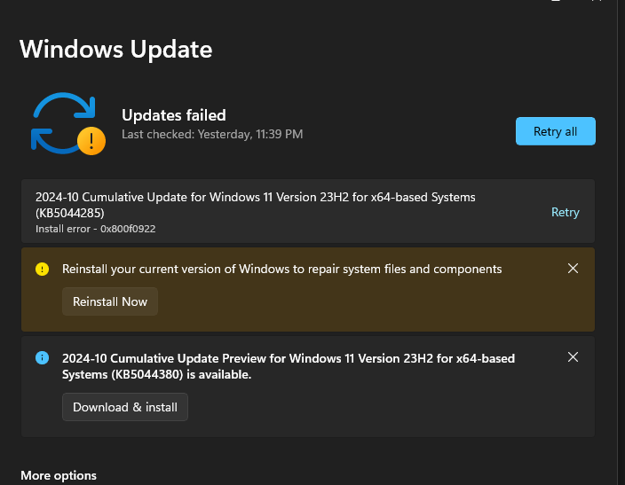 A Windows Update screen shows a failed update with error code 0x800f0922, prompting the user to reinstall Windows to repair…