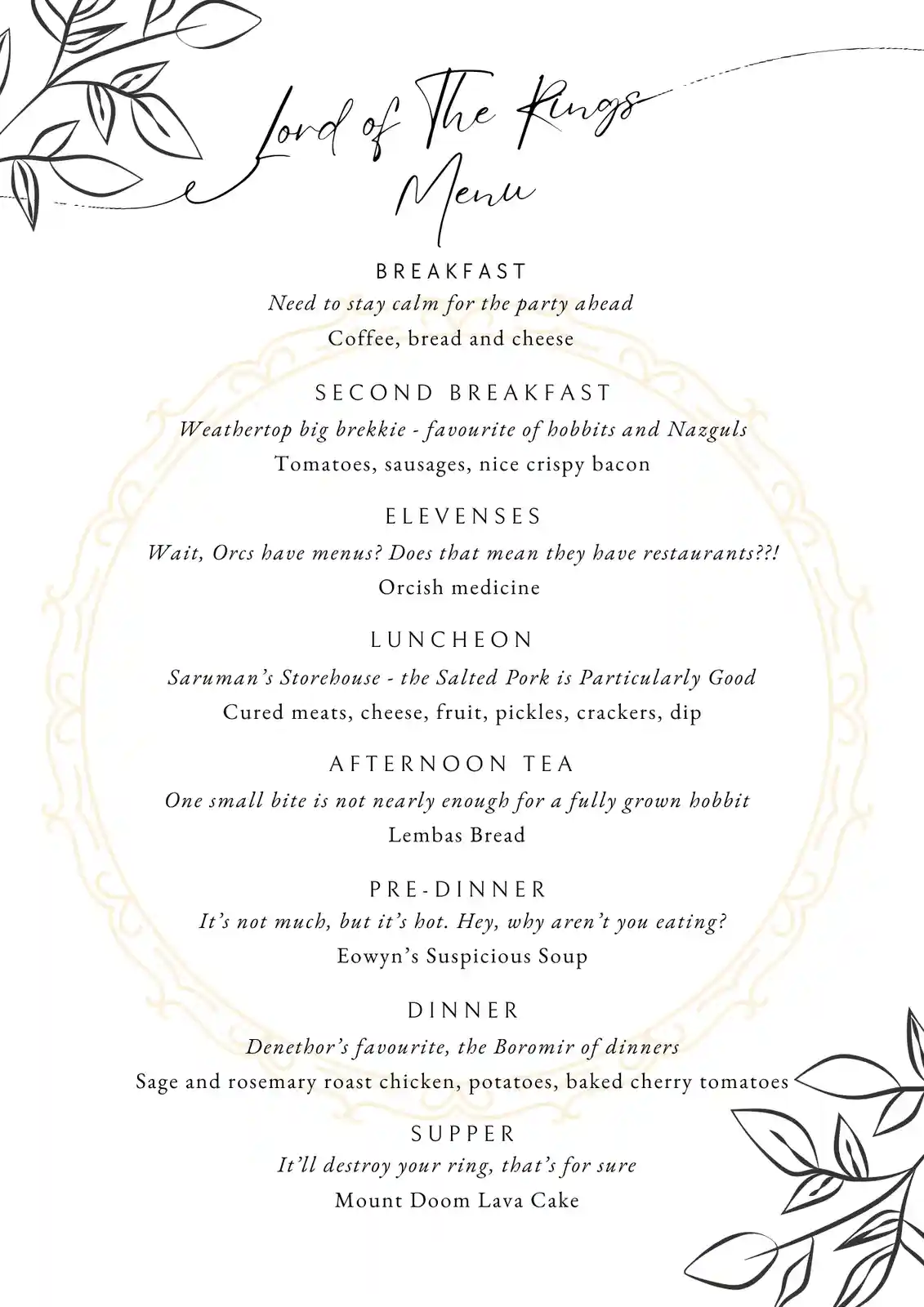 A whimsical menu titled 'Lord of The Rings Menu' lists meals from breakfast to supper with humorous, fictional descriptions…