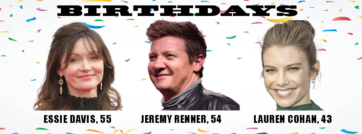 A celebratory image with confetti background shows three celebrities: Essie Davis (55), Jeremy Renner (54), and Lauren Cohan…