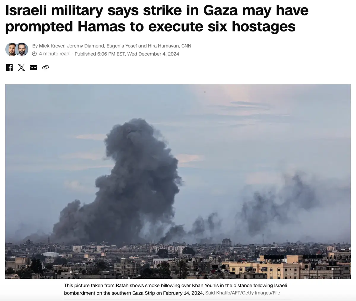 A screenshot of a CNN news article with a headline about an Israeli military strike in Gaza potentially prompting Hamas to…