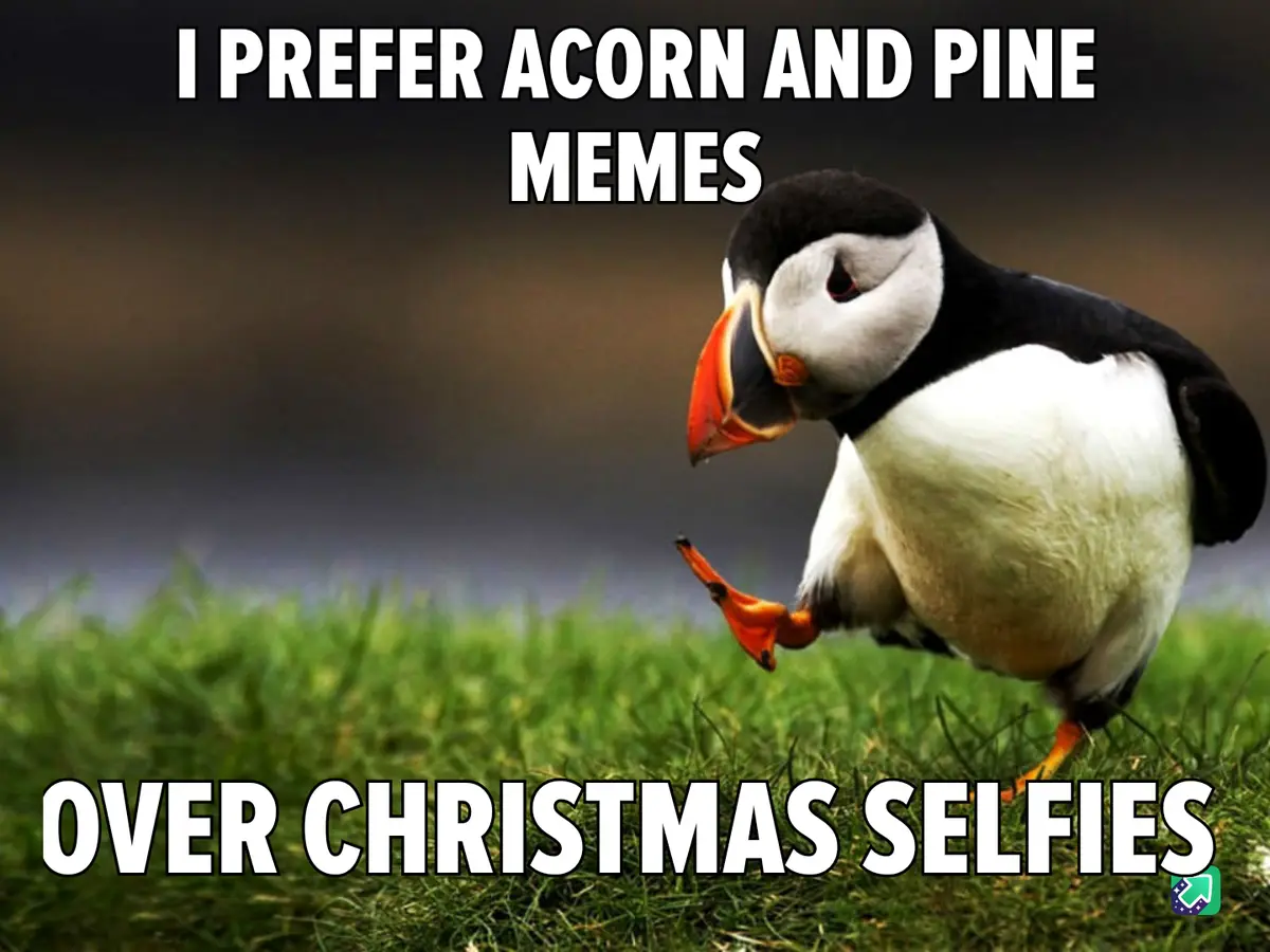 A puffin stands on green grass, looking down with one foot lifted, as if posing. White bold text at the top reads 'I PREFER…