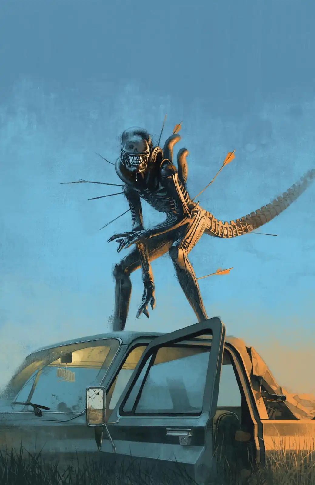 A skeletal alien creature, resembling the Xenomorph from 'Alien', stands atop a wrecked car in a desolate field, pierced by…
