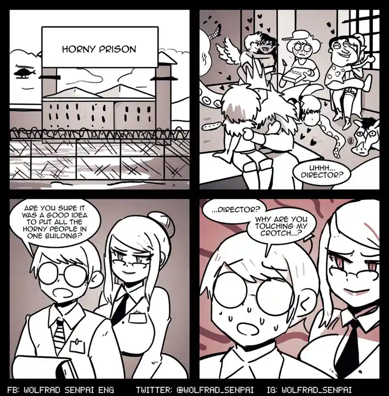 A four-panel comic shows a prison labeled 'HORNY PRISON' where inmates are depicted in chaotic, affectionate, and sexually…