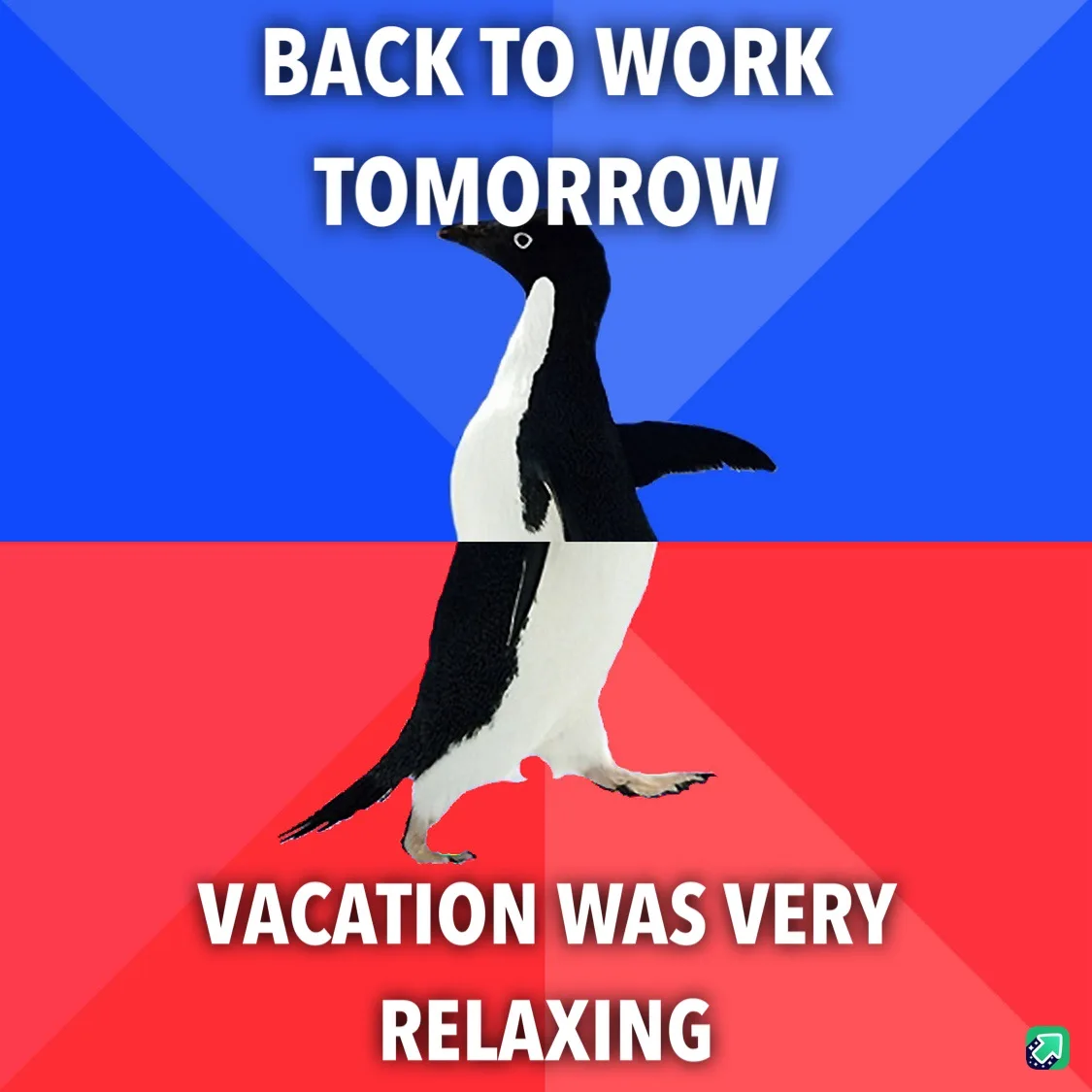A penguin is split vertically down the middle, with the top half against a blue background and the bottom half against a red…