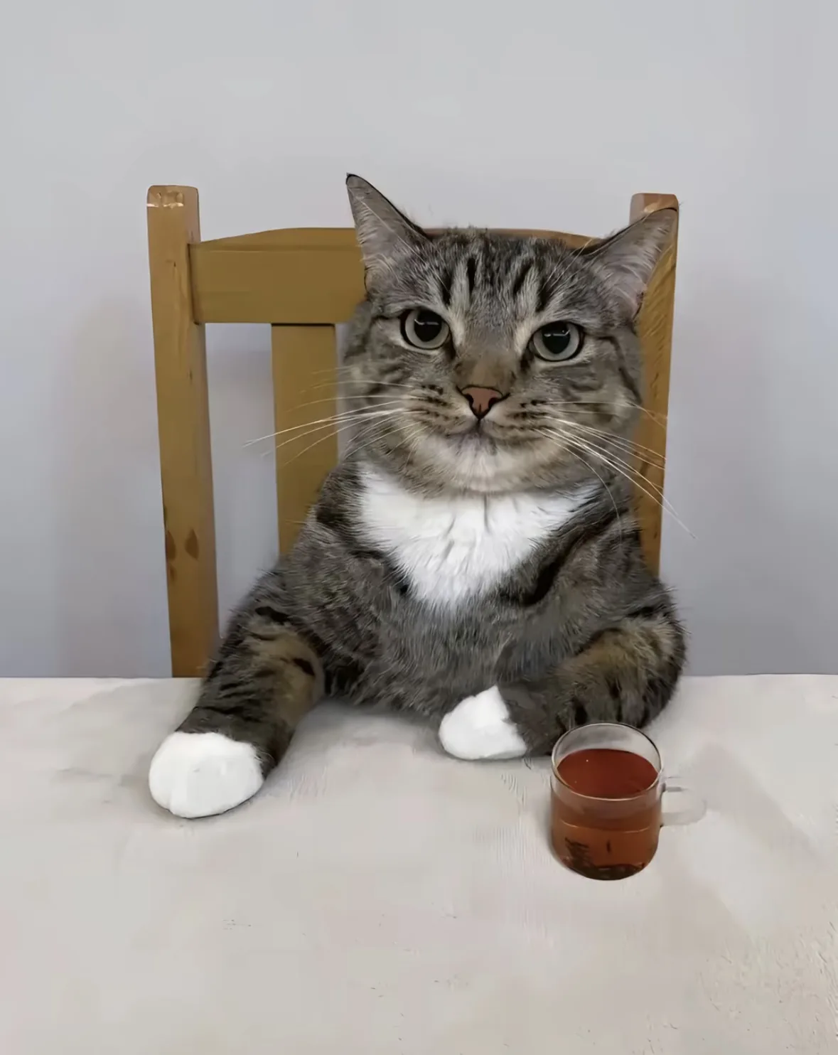 A gray tabby cat with white paws and chest sits upright on a wooden chair at a white table, looking directly at the camera…