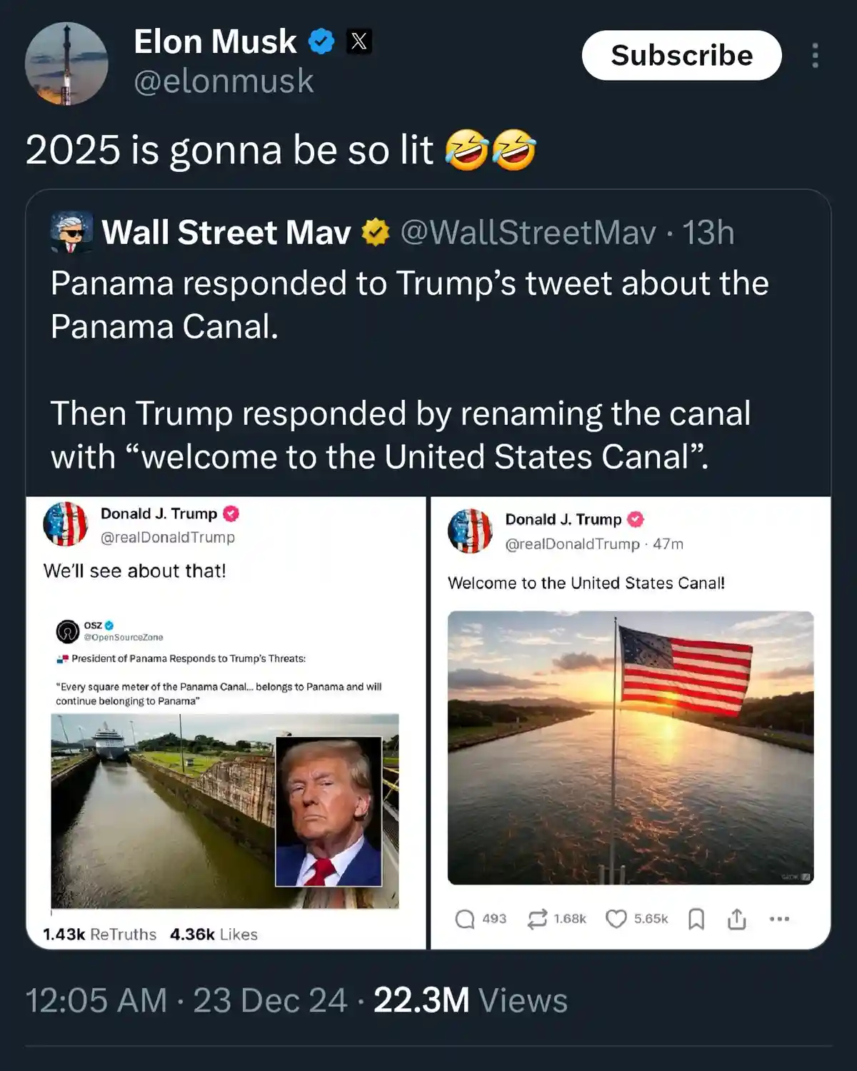 A screenshot of a Twitter thread where Elon Musk comments '2025 is gonna be so lit' above a post by 'Wall Street Mav'…