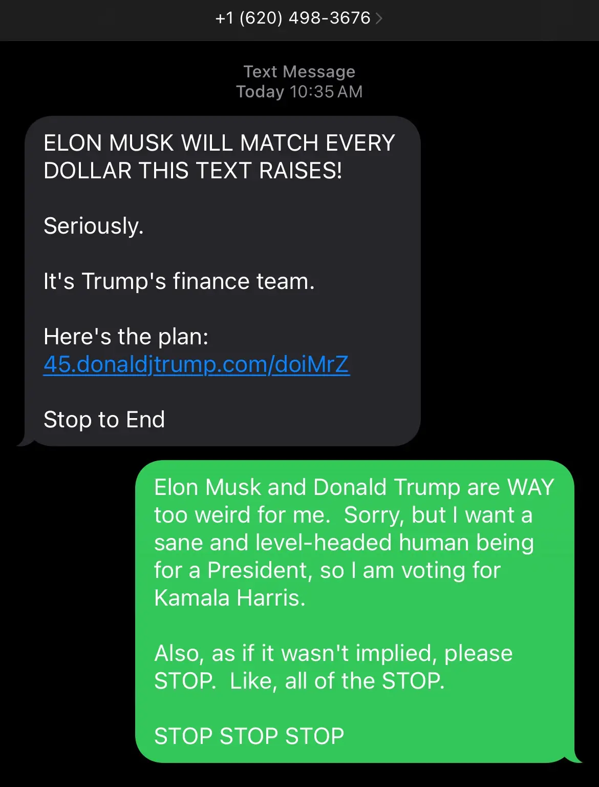 A screenshot of a text message conversation shows a fundraising message claiming Elon Musk will match donations for Trump…