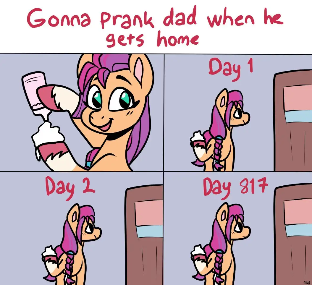 A four-panel comic strip featuring a cartoon pony with purple hair. In the first panel, she happily holds a milkshake with…