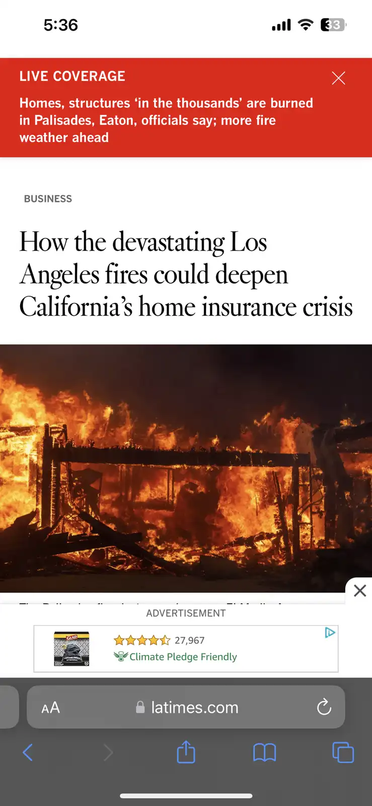 A screenshot of a mobile news article from latimes.com shows a live coverage banner about fires in Palisades and Eaton, with…